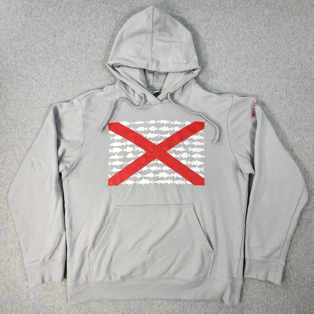 Columbia PFG Alabama Fish Flag Pocket Hoodie Womens M Gray Pullover Sweatshirt